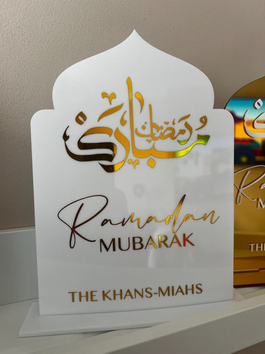 Ramadan Acrylic Sign with white background, gold Arabic calligraphy, and "Ramadan Mubarak" text, personalized with "The Khans-Miahs."
