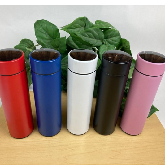  Personalized stainless steel travel tumblers in five colors - red, blue, white, black, and pink. Ideal for keeping beverages hot or cold with a customizable design.