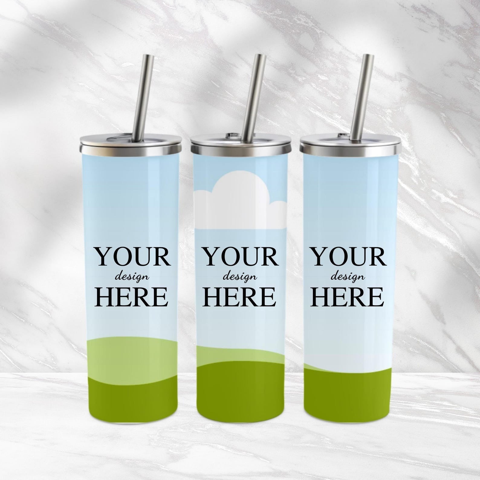 Customizable tumblers with a sleek design and vibrant blue-green template, ideal for hot and cold beverages .
