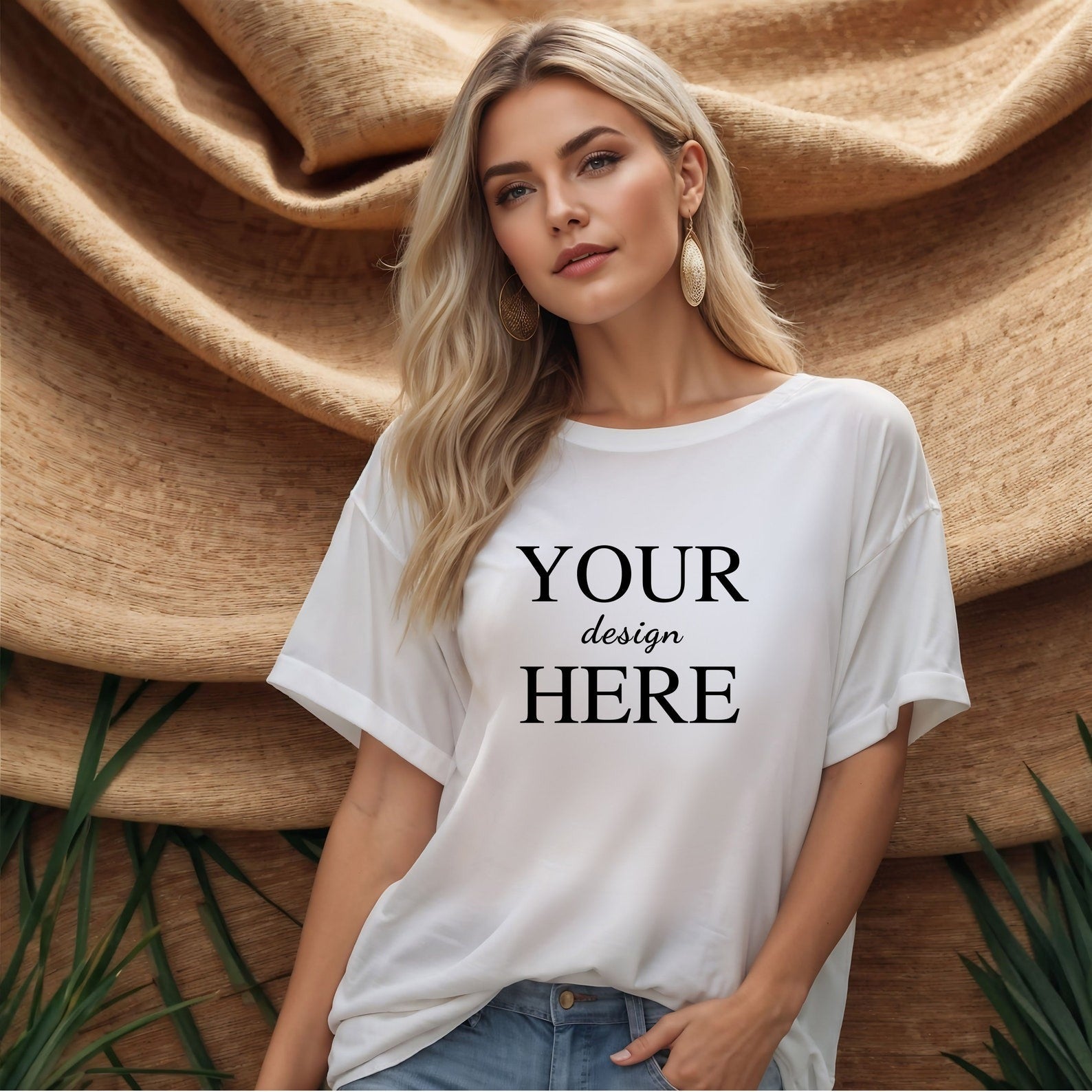 Customized t-shirt with a printed design that reads 'Your Design Here,' displayed on a model wearing jeans against a woven texture backdrop