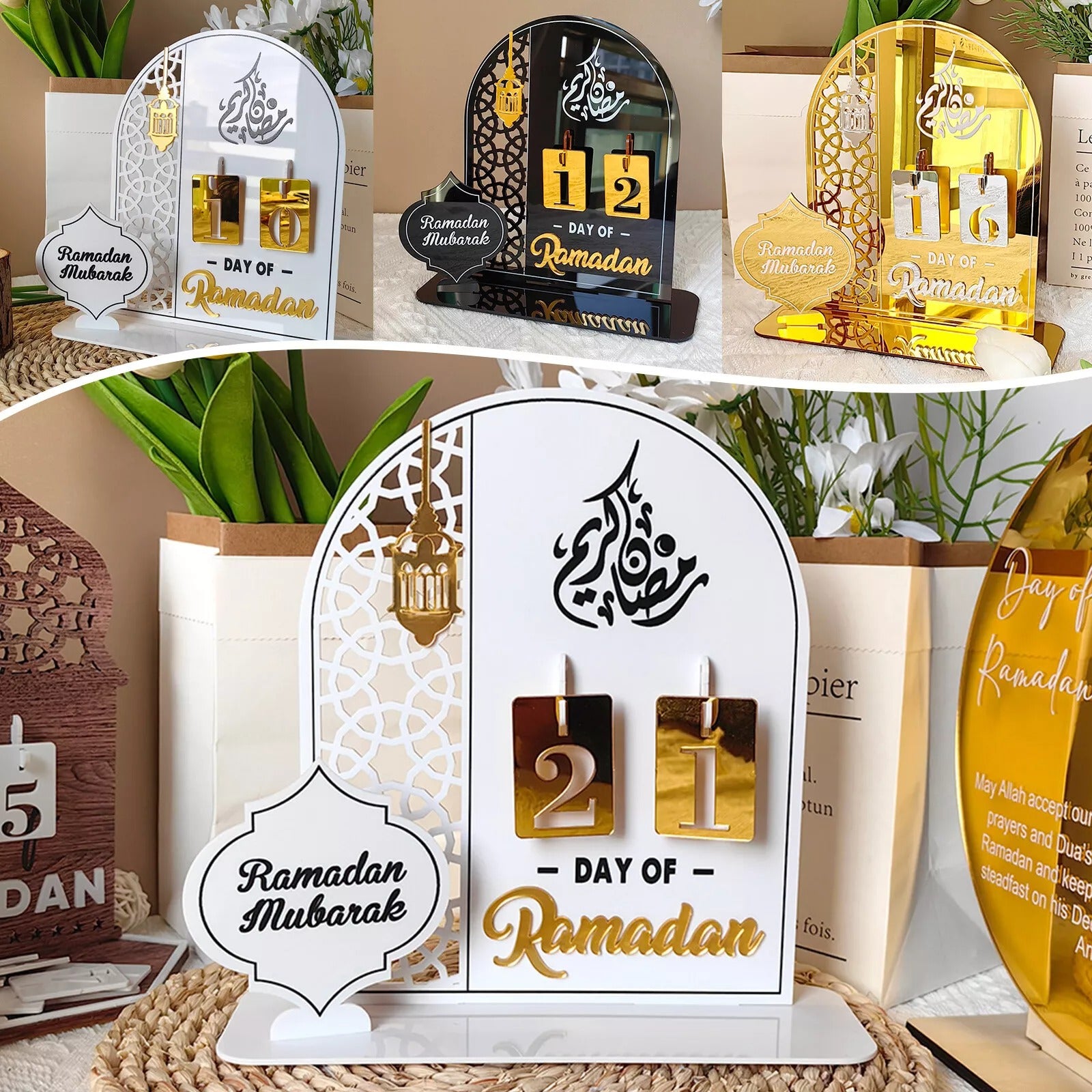  Personalized Ramadan Countdown Calendar with flip numbers for "Day 21 of Ramadan," Arabic calligraphy, and a lantern design, in gold and acrylic.