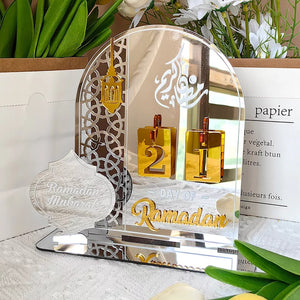 Ramadan Countdown Calendar featuring "Day 21 of Ramadan" with gold and acrylic design, highlighting Arabic calligraphy and a lantern.