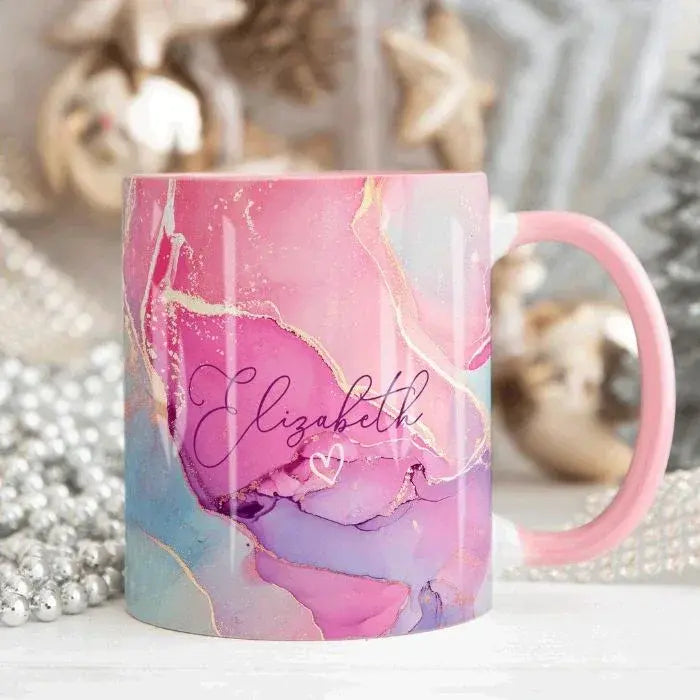 "Pink & Gold Marble Mug – Personalized Name Coffee Cup for Her"
