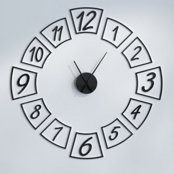 Premium acrylic wall clock with 12-inch needles and modern design, displayed on a living room wall with a sofa
