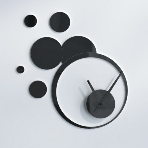 Premium acrylic wall clock with modern circle design, displayed on a white wall with decorative circles