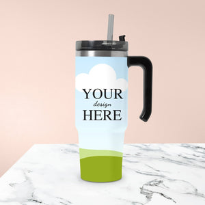 Customizable travel mug showcasing a sublimation-ready template, ideal for hot and cold beverages on the go.