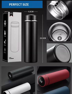 Travel Mug with temperature display and sleek design in black and white colors.