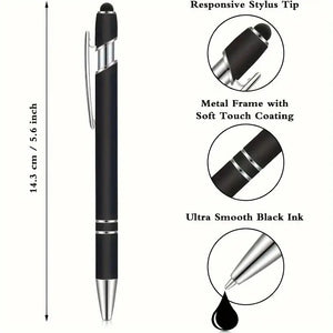 Infographic showcasing stylus pen features like a responsive stylus tip, soft-touch coating, and smooth black ink.
