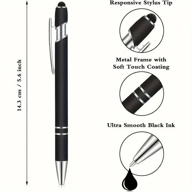 Infographic showcasing stylus pen features like a responsive stylus tip, soft-touch coating, and smooth black ink.