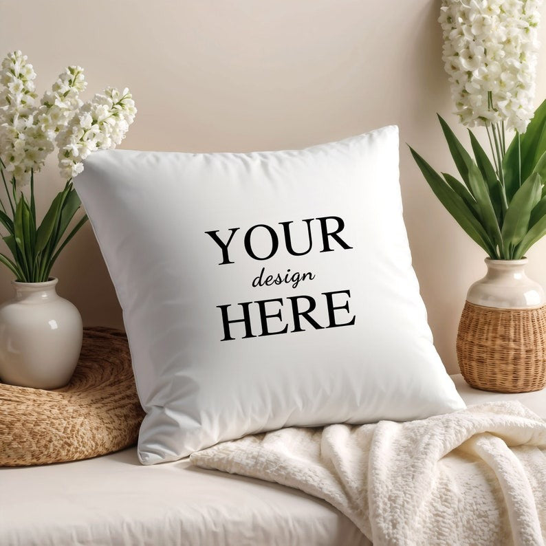 Customizable White Throw Pillow Mockup with Minimal Decor - My Store