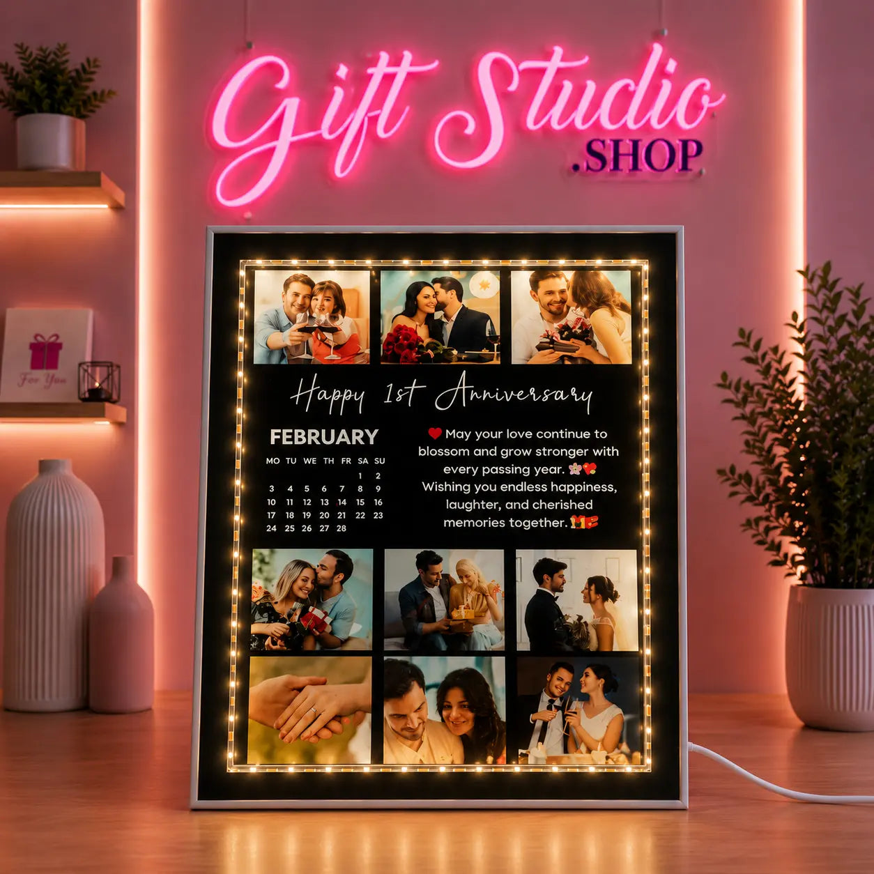 Anniversary LED photo frame Pakistan with couple wedding photo, glowing light display