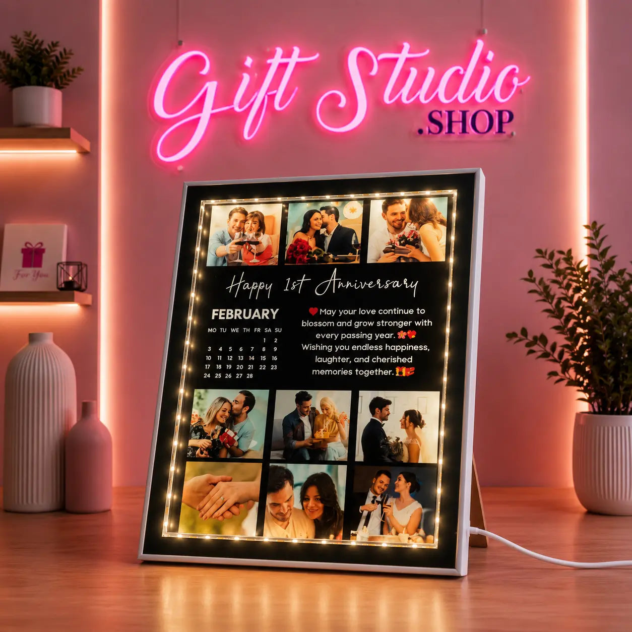 Anniversary LED photo frame with couple names and date customization, wooden table display