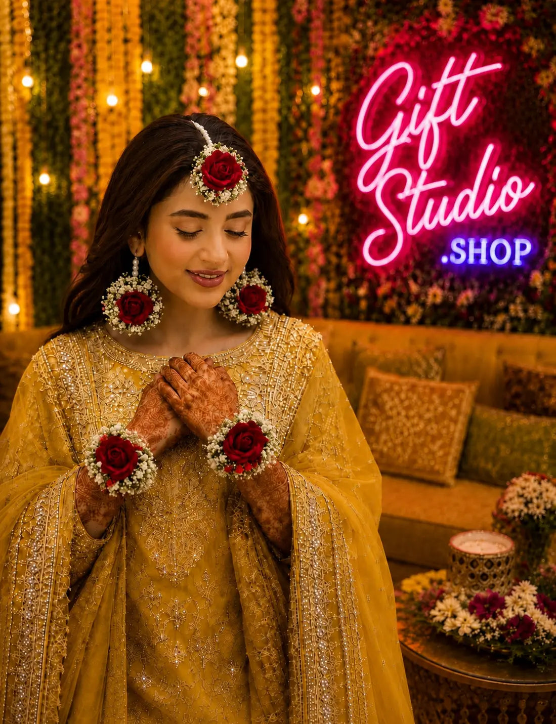 Artificial Flower Jewellery Set Pearl Dough Bridal Jewelry - Gift Studio Pakistan photo 1