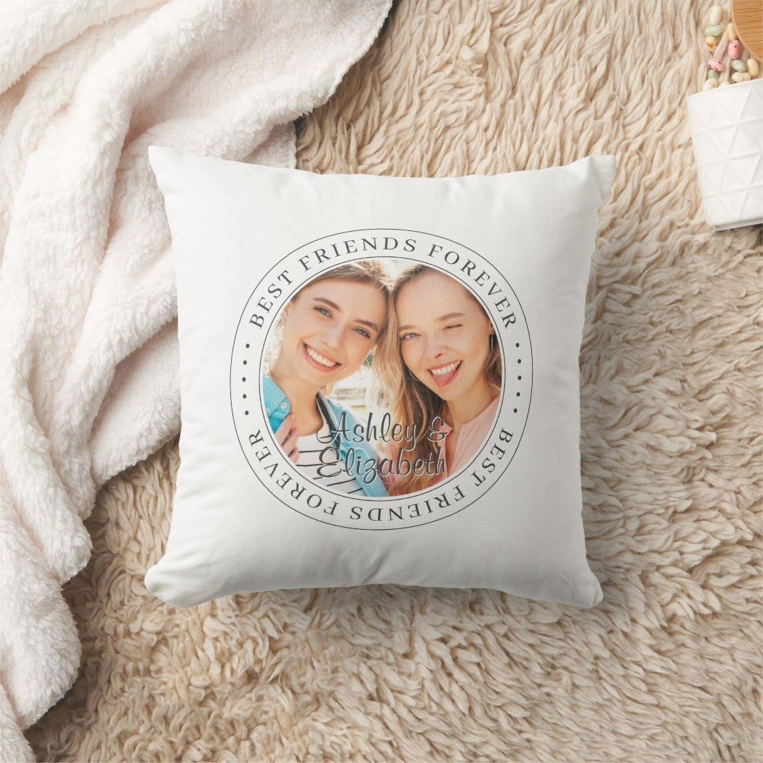 Best Friends Forever2 Photo Throw Pillow with personalized photos on beige sofa