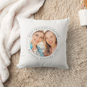 Best Friends Forever2 Photo Throw Pillow with personalized photos on beige sofa