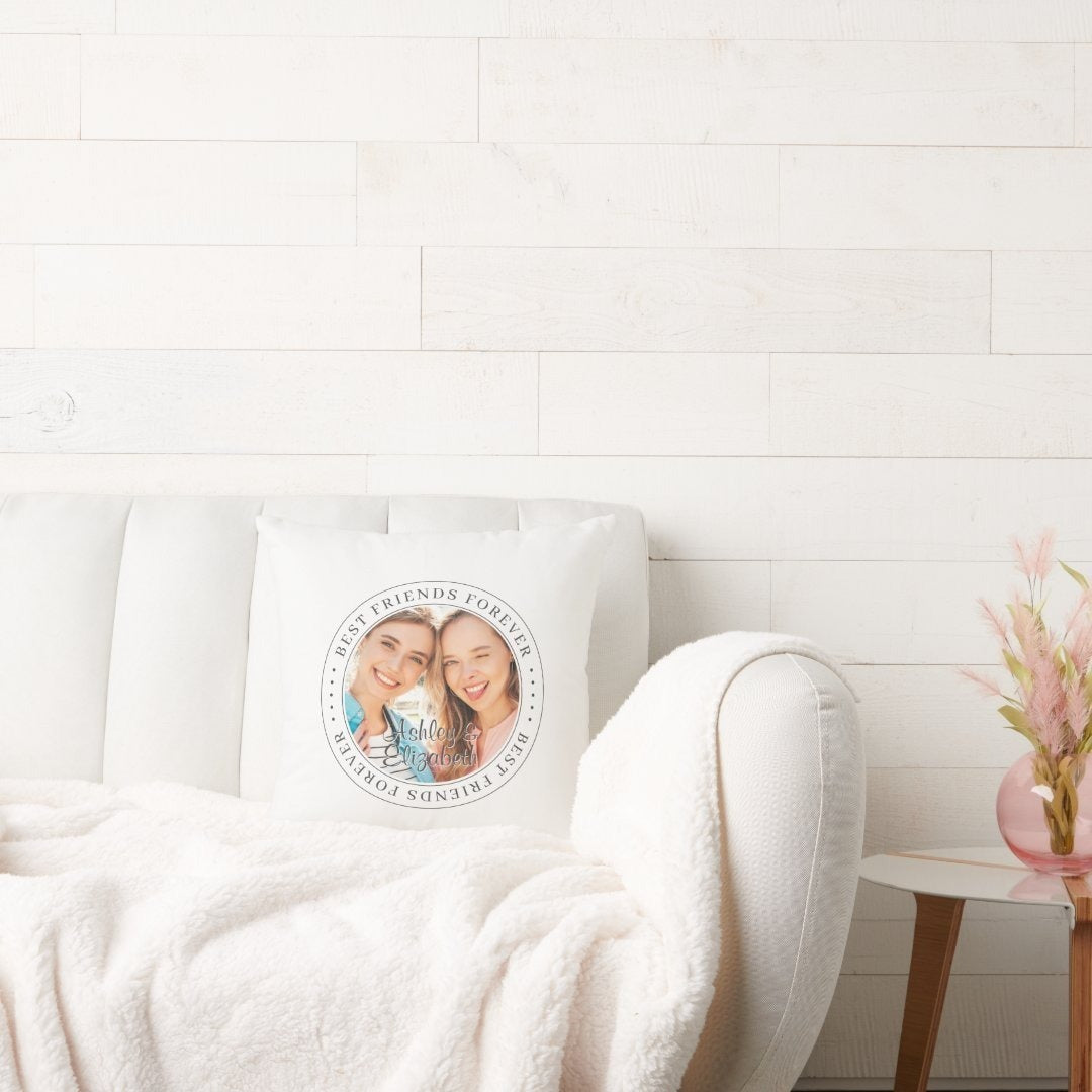 Best Friends Forever2 Photo Throw Pillow with personalized photos on white couch