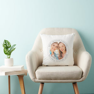 Best Friends Forever2 Photo Throw Pillow with personalized photos on beige sofa