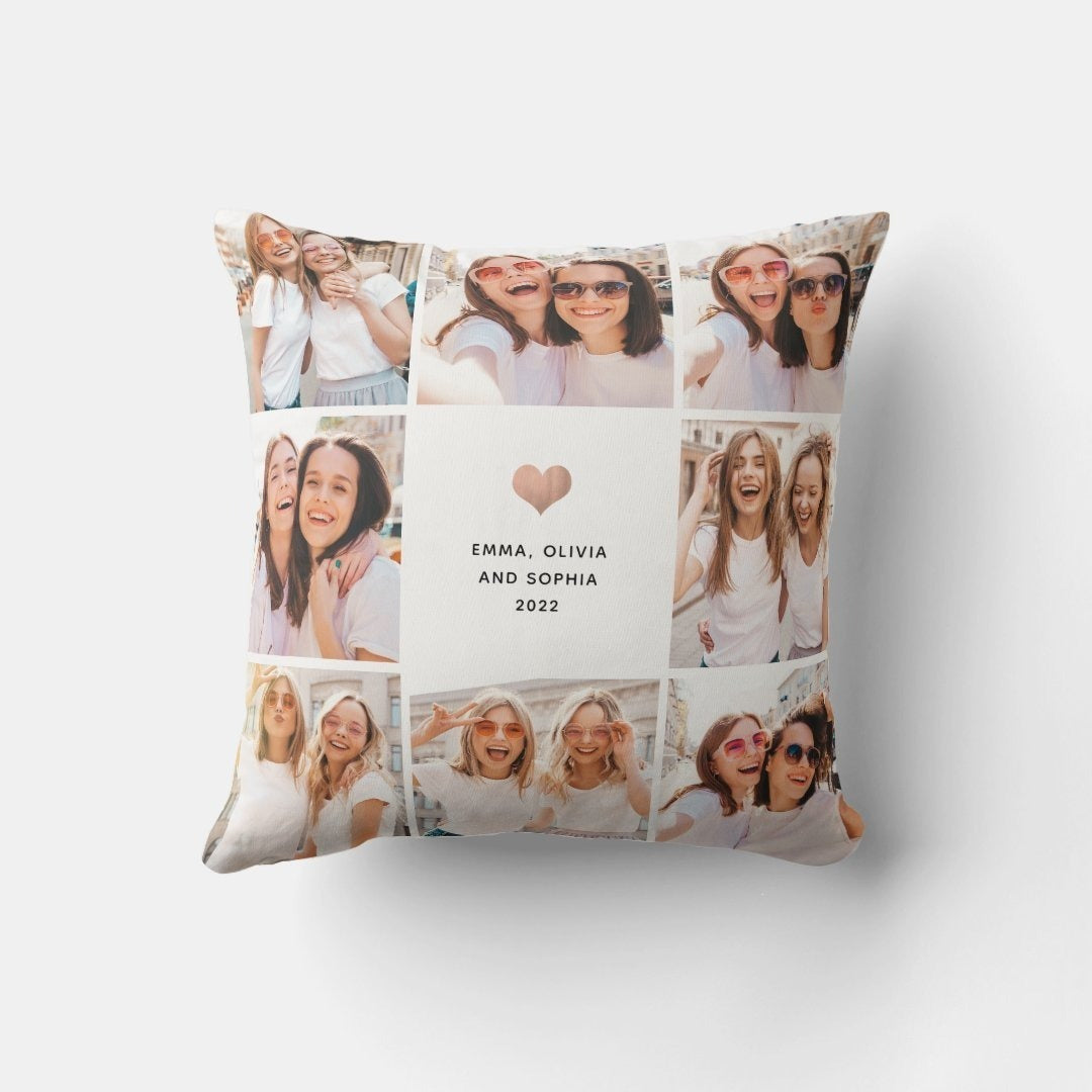 Best Friends Heart Photo Collage Cushion on White surface 