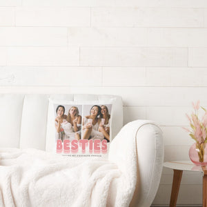 : Besties Photo Cushion with personalized photos and 'Besties' text on whitesofa