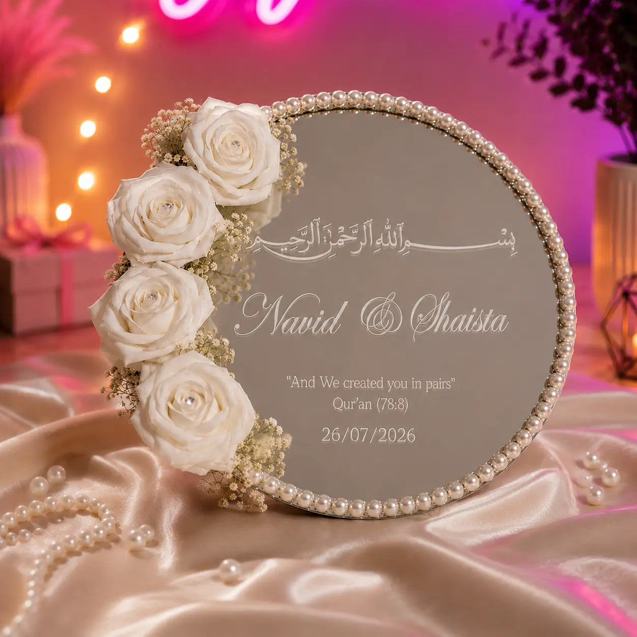 Golden Bismillah nikkah ring tray with dried flowers and gift box