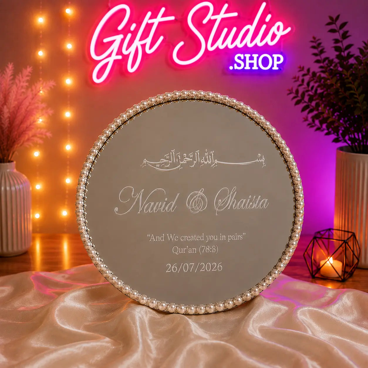White Bismillah ring tray with pearl border for Nikkah ceremony