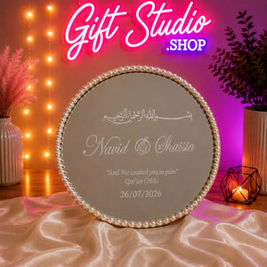 White Bismillah ring tray with pearl border for Nikkah ceremony