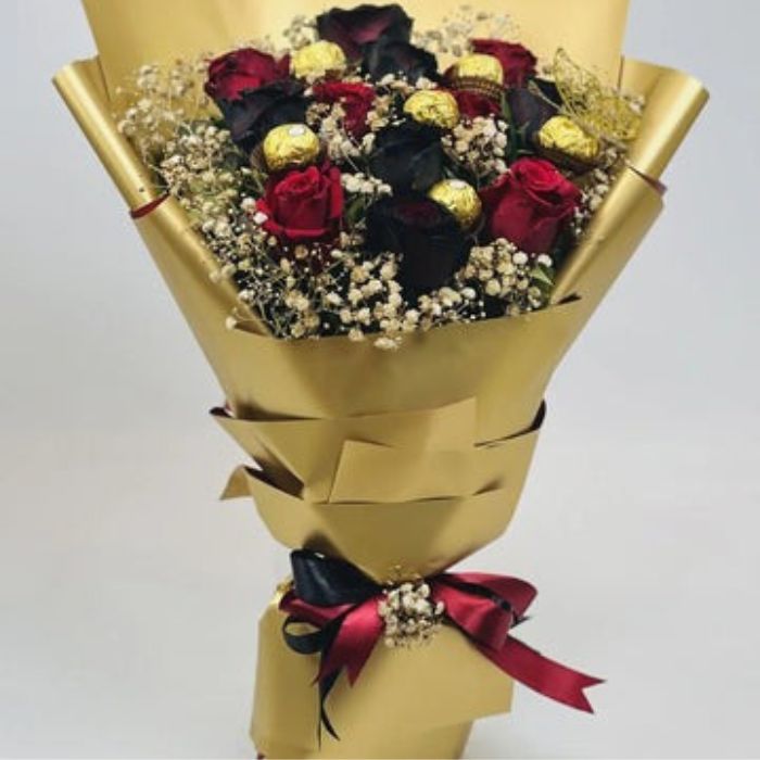 Black and red roses arranged beautifully for a perfect romantic gift.