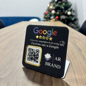  Black acrylic Google review NFC and QR code sign for businesses, with a gold-trimmed scannable QR code.