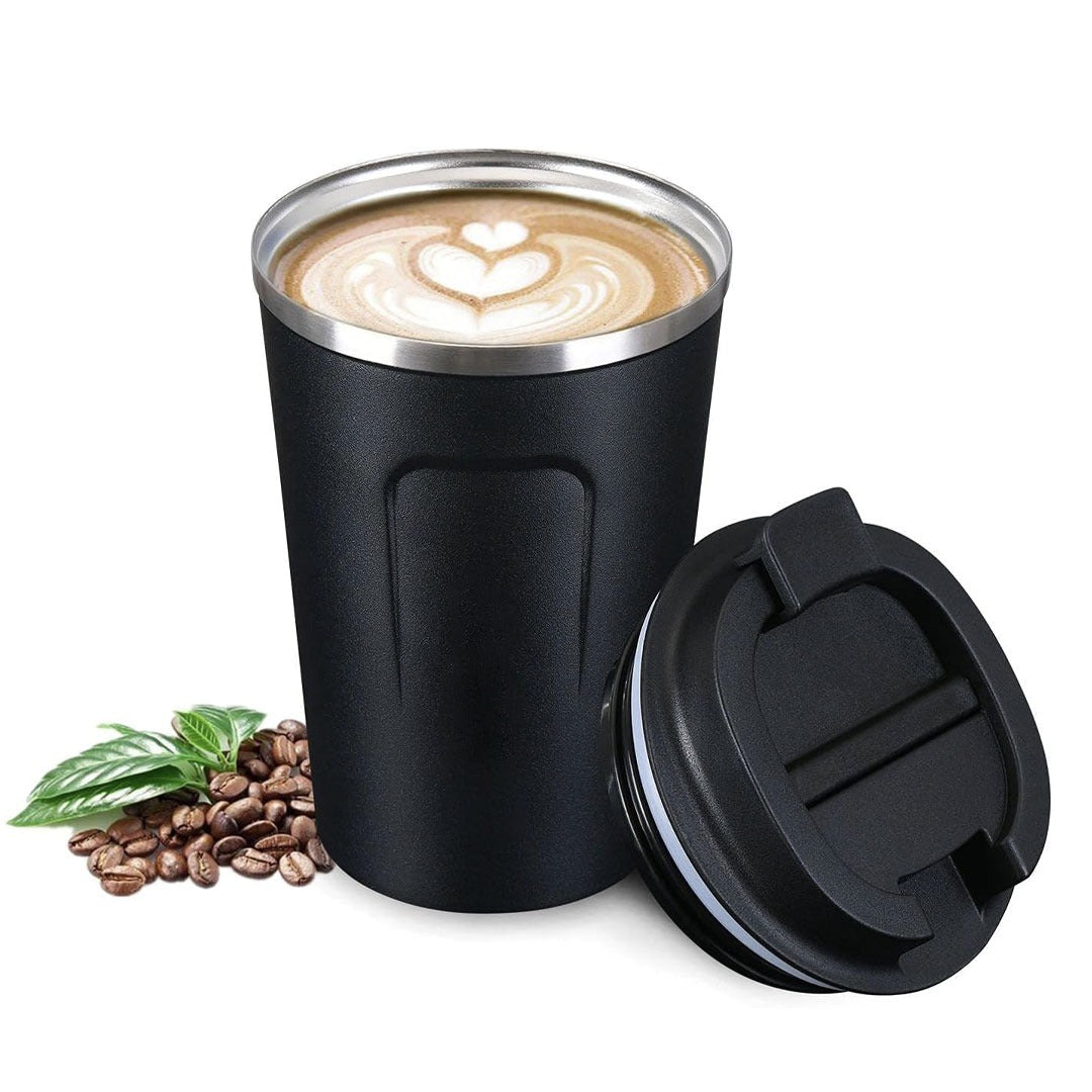 Black stainless steel coffee mug with a removable lid, featuring a heart-shaped latte art design.