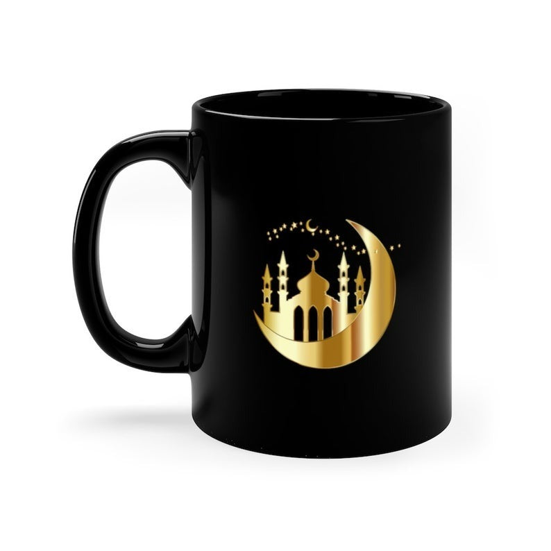 Ramadan Moon and Mosque Mug with golden crescent moon and mosque design, perfect for Ramadan.