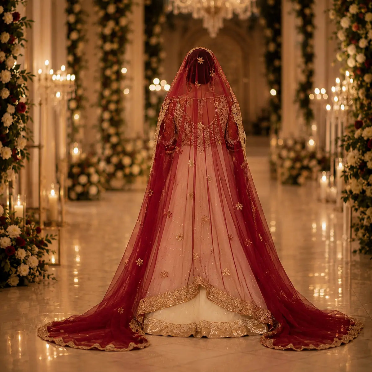 Bridal tail dupatta close-up showing trail fabric detail