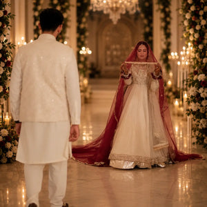 Bridal tail nikkah dupatta held by family - entrance style
