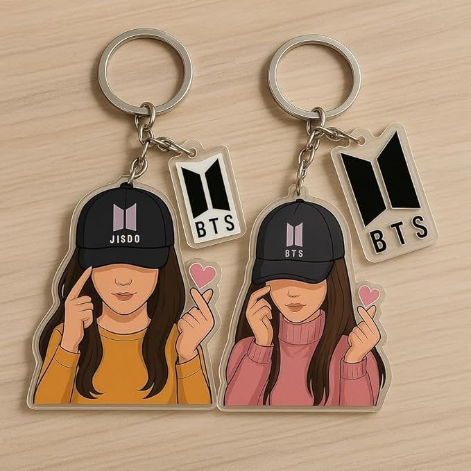 “BTS keychain with cute aesthetic girl illustration and logo charm”