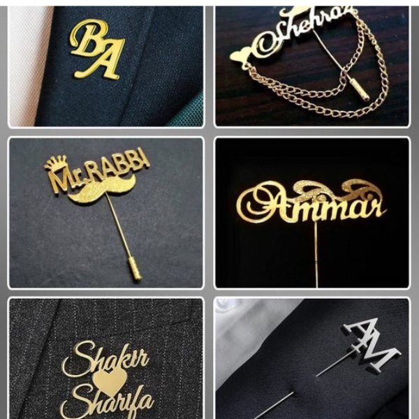  Custom Coat Pin (Lapel Pins) collection with personalized names like Shakur Sharifa and Ammar, gold designs with hearts, stylish gift from Gift Studio Pakistan.