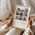 Personalized couples photo collage print featuring nine custom photos, names, and a special date in a wooden frame