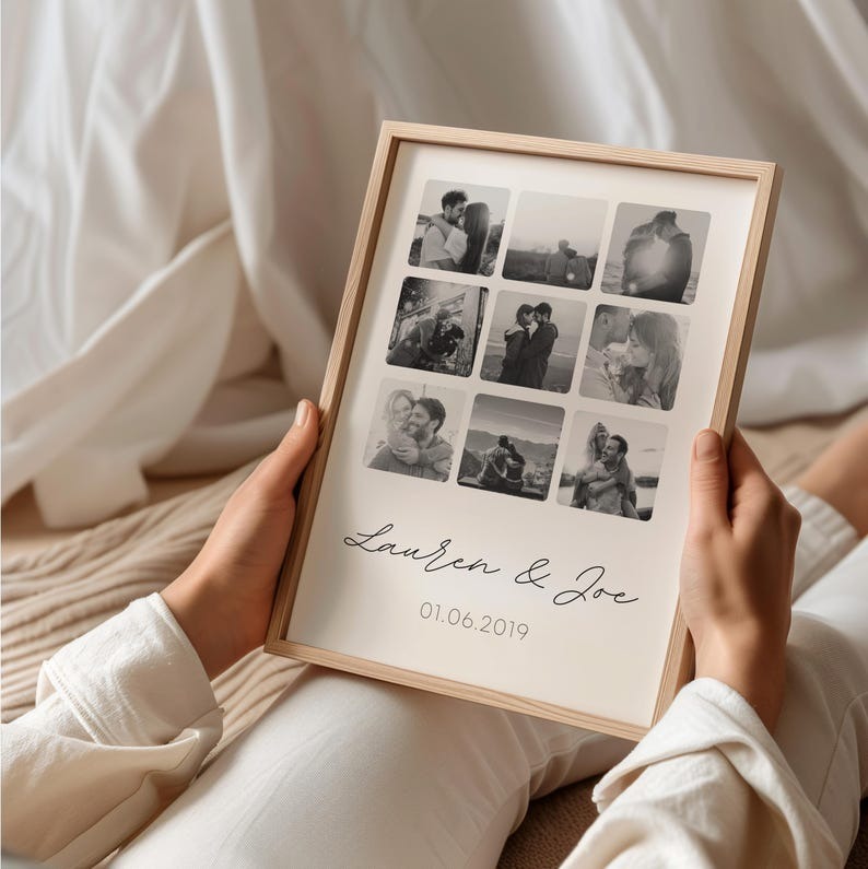 Personalized couples photo collage print featuring nine custom photos, names, and a special date in a wooden frame
