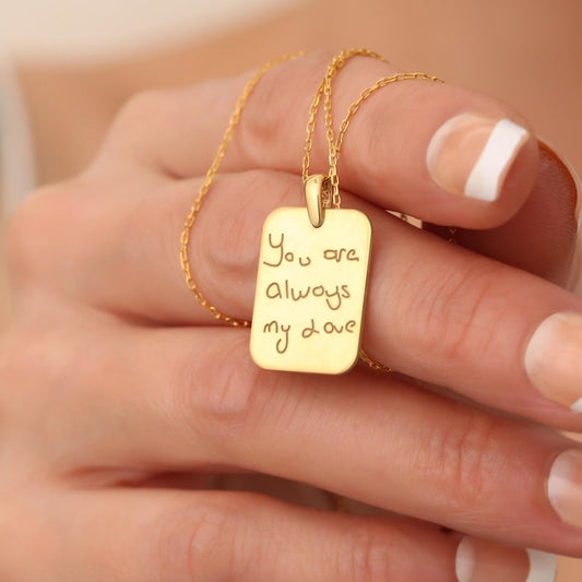 Gold engraved custom handwriting necklace with a heartfelt message, perfect for personalized jewelry gifts.