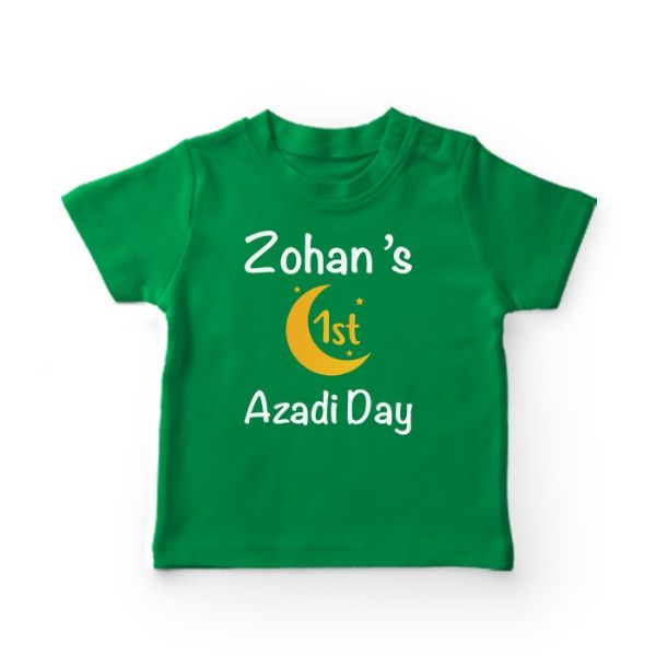 Green kids t-shirt with custom name and Azadi Day crescent moon design for 14 August