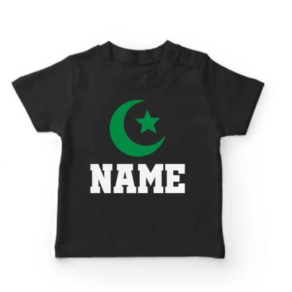  Black kids t-shirt with custom name and green crescent-star design for 14 August