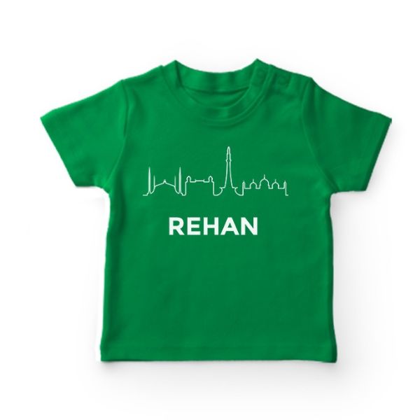 Green kids t-shirt with custom name and Pakistan skyline design for 14 August