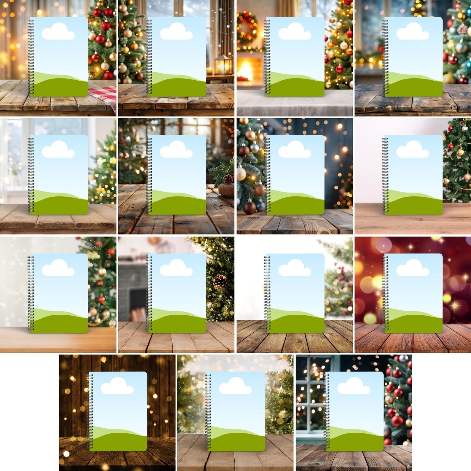 Set of personalized notebooks showcased on wooden surfaces, with Christmas decorations and sparkling holiday lights in the background.