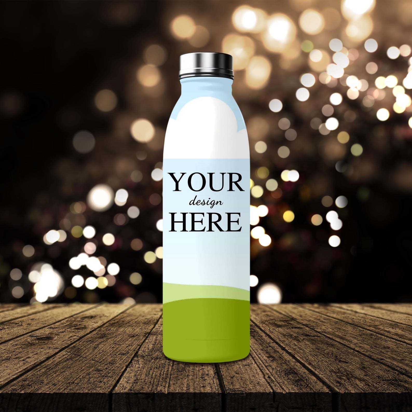 Personalized stainless steel water bottle showcasing a clean design template, set against a festive and moody backdrop.