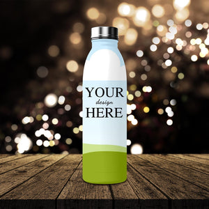 Personalized stainless steel water bottle showcasing a clean design template, set against a festive and moody backdrop.