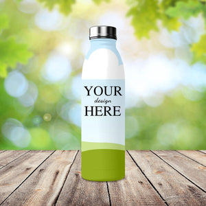 Customizable stainless steel water bottle styled against a bright and natural outdoor setting.