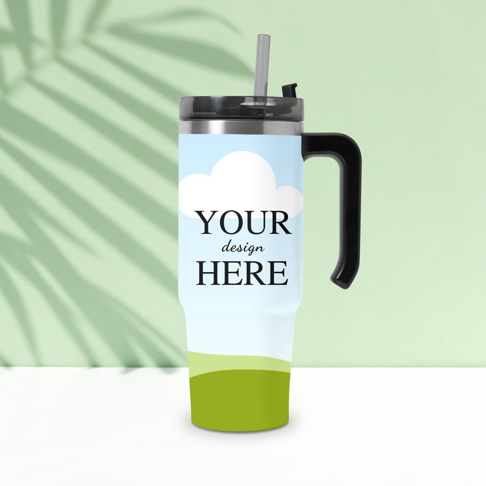 Customized stainless steel travel mug with handle and straw, featuring a sublimation-ready design with placeholder text 'Your Design Here