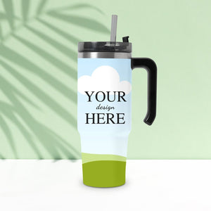 Customized stainless steel travel mug with handle and straw, featuring a sublimation-ready design with placeholder text 'Your Design Here