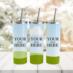 Custom stainless steel tumbler set with personalized design template, featuring a lid and straw, displayed against a soft nature-themed background.