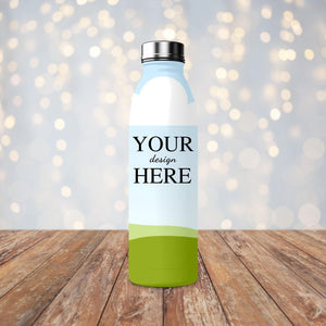 Sublimation stainless steel bottle with placeholder design 'Your Design Here,' displayed on a wooden surface with a festive bokeh background.