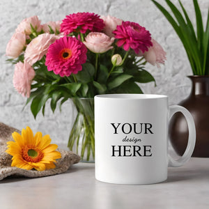 Personalized mug styled with vibrant flowers, highlighting the gifting possibilities for special occasions like birthdays and anniversaries