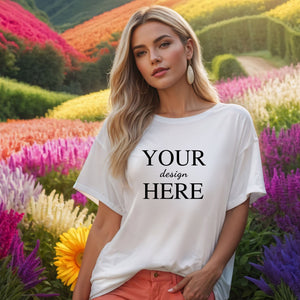 White t-shirt mockup for custom designs, captured in a bright and colorful nature setting.
